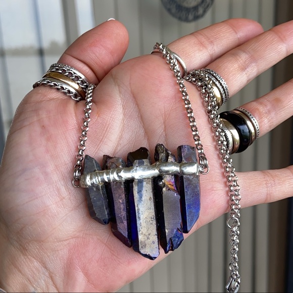 Dark purple aura crystal steel necklace boho gems - Picture 5 of 10